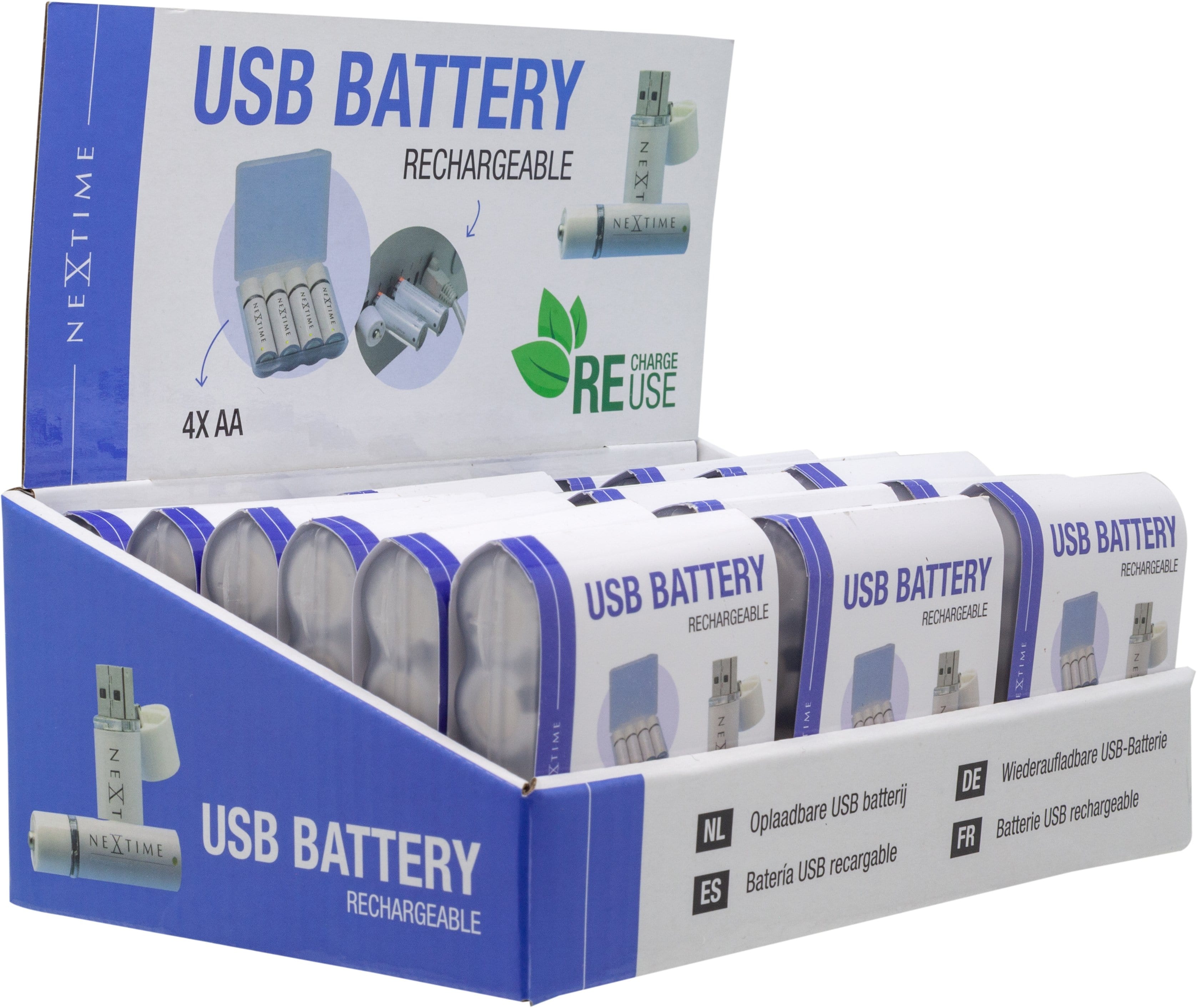 NeXtime Clocks USB AA batteries display with 18-packaging of AABAT003 rechargeable batteries for electronic devices.